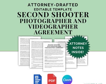 Second Shooter Photographer & Videographer Agreement, Attorney-Drafted Contract for Primary and Assistant Shooter, Editable (Canva, Word)
