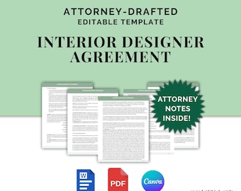 Interior Designer Agreement, Attorney-Drafted Contract for Residential and Commercial Design, Editable Template in Canva and Word