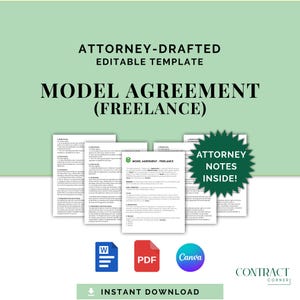 May include: A digital template for a freelance model agreement. The image features several document pages, with the text "MODEL AGREEMENT (FREELANCE)" and "ATTORNEY NOTES INSIDE!". Includes icons for Word, PDF, and Canva formats. The background is light green.