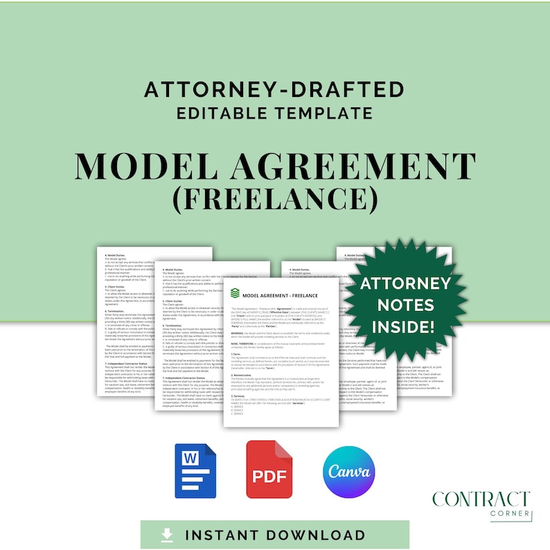 May include: A digital template for a freelance model agreement. The image features several document pages, with the text "MODEL AGREEMENT (FREELANCE)" and "ATTORNEY NOTES INSIDE!". Includes icons for Word, PDF, and Canva formats. The background is light green.