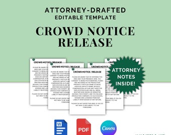 Crowd Notice Release, Attorney-Drafted Notice Filming and Photography Notice for Events & Public Projects, Editable in Canva and Word