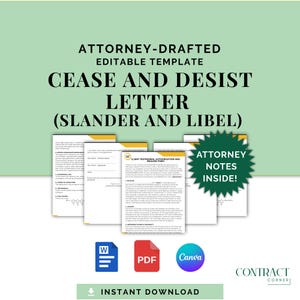 Pode incluir: Um modelo digital para uma carta de cessação e desistência (difamação e calúnia), redigida por um advogado e editável. O design apresenta várias páginas de documentos, com ícones para os formatos Word, PDF e Canva. O texto inclui "Notas do advogado dentro!" e "Download instantâneo."