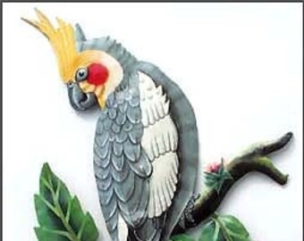 Metal Wall Art, Parrot, Cockatiel Parrot, Hand Painted Metal Wall Hanging, Tropical Decor, Haitian Art, Steel Drum Art - 10" x 18"  K7045
