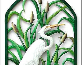 White Egret Wall Art, Painted Metal Tropical Wall Decor - Garden Decor, Metal Art - Metal Wall Art, Outdoor Metal Art, - 21" x 38"  K- 7323