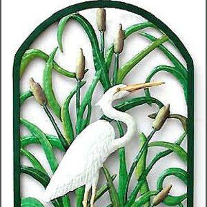 White Egret Wall Art, Painted Metal Tropical Wall Decor - Garden Decor, Metal Art - Metal Wall Art, Outdoor Metal Art, - 21" x 38"  K- 7323