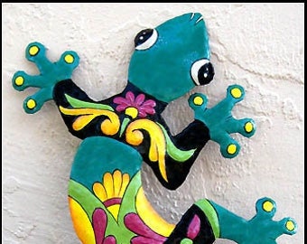 GECKO, Outdoor Metal Art, Painted Metal Gecko, Garden Art, Outdoor Wall Hanging, Tropical Design, Gecko Garden Decor, Lizard - 402