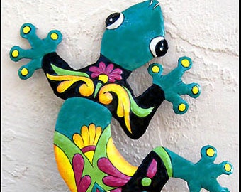 GECKO, Metal Wall Hanging, Painted Gecko, Outdoor Metal Art, Garden Art, Metal Art, Tropical Decor, Outdoor Wall Art, Garden Decor, 402