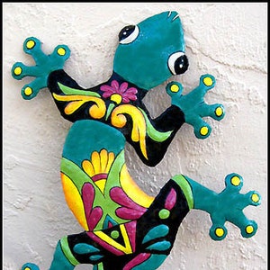 GECKO, Painted Metal Art, Outdoor Wall Hanging, Outdoor Garden Art, Gecko Art, Tropical Decor, Metal Wall Art, Garden Decor, 402-TQ image 1