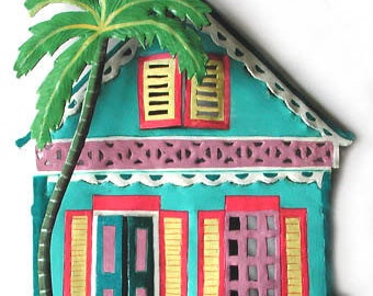 CARIBBEAN HOUSE, 3 Colors, Metal Wall Art - Metal Wall Decor, Gingerbread House, Tropical Art Design, Painted Metal Wall Art - K-1002