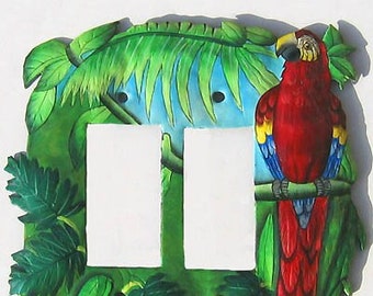 Switchplate Covers, 3 Sizes, Painted Metal Scarlet Macaw Parrot, Rocker Switch Plate - Metal Light Switch Cover, Tropical Design - SR-1138