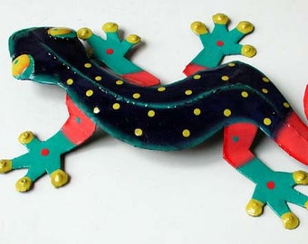 GECKO Metal Wall Art, Outdoor Garden Decor,  Patio Art, Lizard, Tropical Home Decor, Hand Painted Metal Wall Hanging,RM-106-Blk-Tq