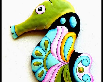 Outdoor GARDEN ART, Painted Metal Seahorse, Wall Hanging -Metal Art, Tropical Garden Decor - Garden Art-  Metal Wall Art - M601-PAS