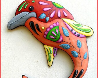 PAINTED METAL DOLPHIN, Wall Hanging, Metal Wall Decor, Metal Art, Nautical Art, Tropical Art, Metal Wall Art, Garden Decor - J-458