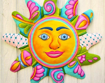 SUN METAL ART, 4 Color Choices, Sun Design, Hand Painted Metal Sun Wall Hanging - Haitian Art, Recycled Steel Drum, Garden Art - M-101