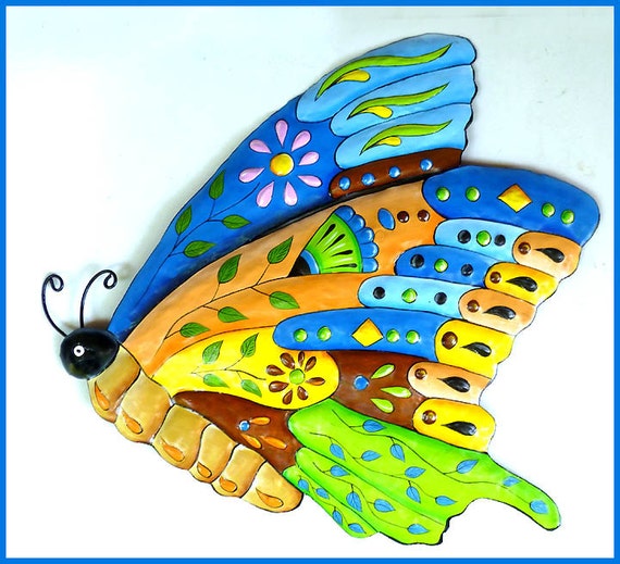 Outdoor metal garden decor, Brightly hand painted metal butterfly wall decor.  Metal art, Garden art, Outdoor garden art, Metal wall hanging, Metal art,  Handcrafted from recycled steel drum in Haiti.