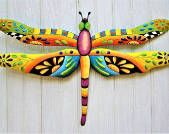 DRAGONFLY METAL ART, Painted Metal Dragonfly Wall Hanging, Tropical Wall Decor, Outdoor Garden Decor, Outdoor Metal Wall Art J935