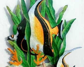 TROPICAL FISH Metal Art, Metal Wall Hanging, Hand Painted Metal Tropical Decor, Outdoor Metal Art, Fish Design, Wall Art, Haitian Art, K175