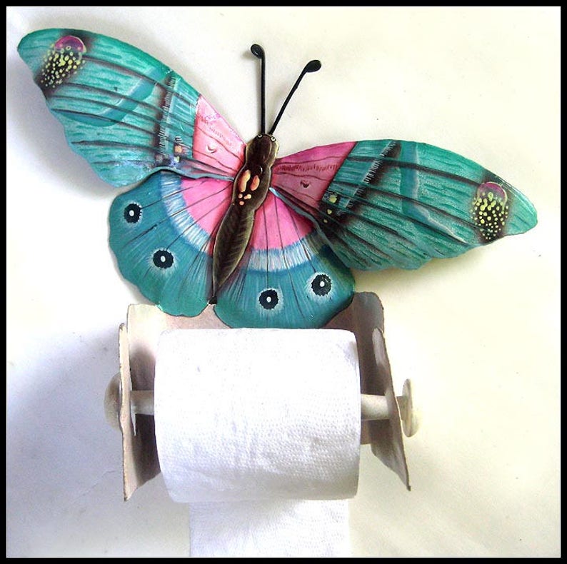 BUTTERFLY, Toilet Paper Holder, Hand Painted Metal Art, Bathroom Decor, Toilet Tissue Holder, Tropical Metal Art, Butterfly Art, 516-AQ-TP image 1
