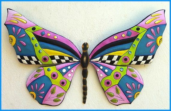 Outdoor metal garden decor, Brightly hand painted metal butterfly wall decor.  Metal art, Garden art, Outdoor garden art, Metal wall hanging, Metal art,  Handcrafted from recycled steel drum in Haiti.