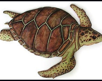 LOGGERHEAD TURTLE, Metal Wall Hanging, Outdoor Garden Decor, Metal Art, Painted Metal Garden Art -18" x 24",  Metal Art of Haiti - K-7048-B