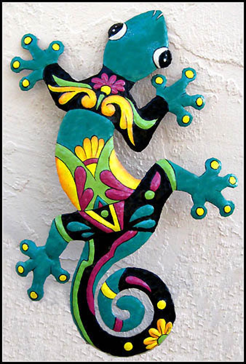 GECKO, Painted Metal Art, Outdoor Wall Hanging, Outdoor Garden Art, Gecko Art, Tropical Decor, Metal Wall Art, Garden Decor, 402-TQ image 1
