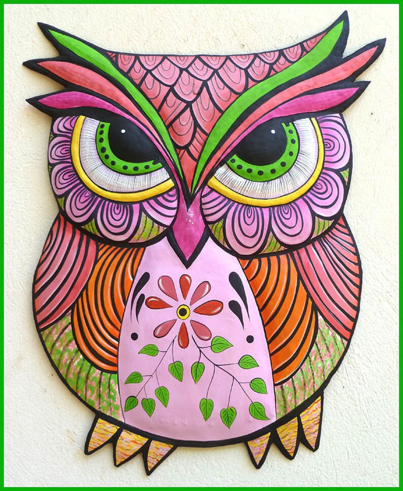 Painted Metal Art Owl Wall Hanging, Whimsical Art Design, Metal Wall Art, Owl Art, Haitian Art, Folk Art, Outdoor Patio Decor J-352-PK image 1