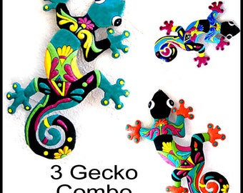 Outdoor Metal art, 3 Geckos Metal Art, Garden decor, Haitian Art, Garden Art - Metal Wall Art, Outdoor Wall Art- M-Gecko-Combo