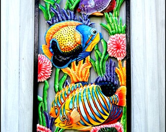 TROPICAL FISH Metal Art, Wall Hanging, Outdoor Metal Wall Art, Hand Painted Metal, Tropical Home Decor, Caribbean  Art, 17" x 35" - K-7300