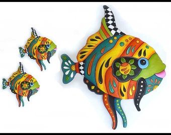 TROPICAL FISH, Choice of 3 colors, Painted Metal Art, Wall Hanging, Funky Art, Garden Decor, Outdoor Garden Art, Tropical Metal Art J-450-3