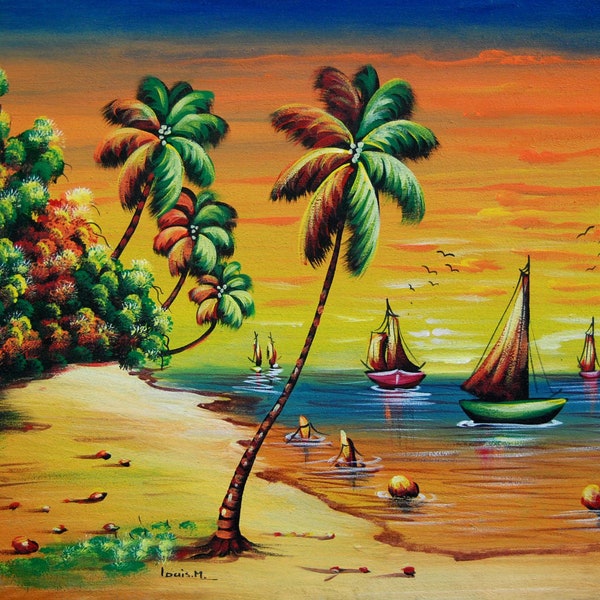 A LA VENTA, Pintura de lienzo, Pintura original, Pintura haitiana, Arte pintado a mano, Arte de Haití, Arte de lienzo, Arte mural de lienzo, 20" x 24"