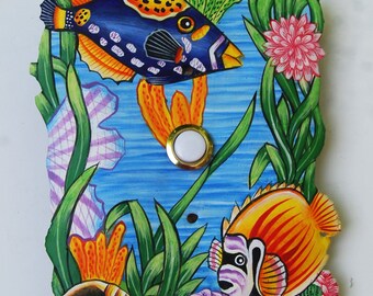 PAINTED METAL DOORBELL - Tropical Fish, Hand Painted Metal Doorbell, Doorbell Plate, Painted Metal Art, Tropical Home Decor, D1136
