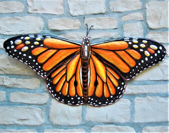Monarch Butterfly On Rock Garden Sculpture Realistic Metal