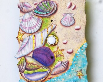 SHELLS DOORBELL COVER & Doorbell, - Beach Decor, Hand Painted Metal Doorbell, Doorbell Plate, Painted Metal Art, Doorbell Button, D1028