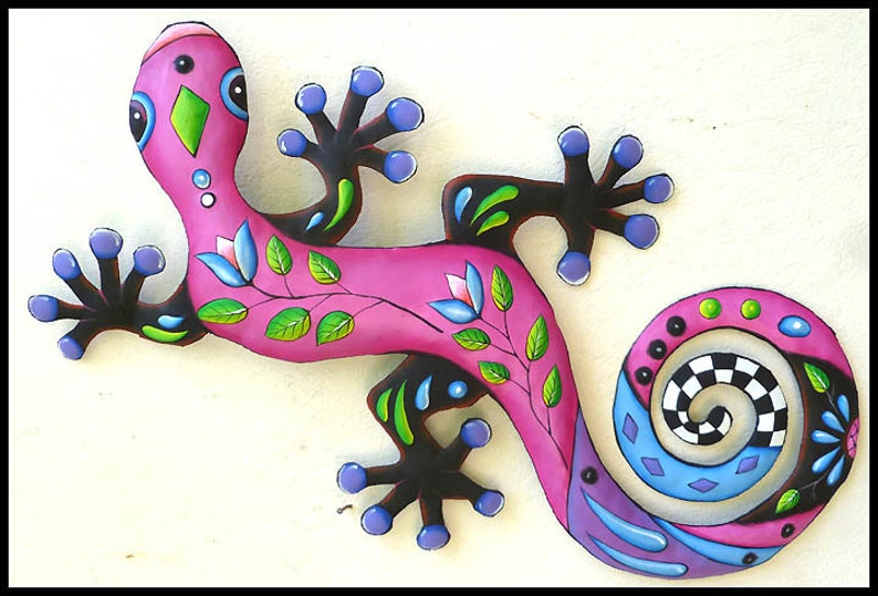 GECKO Painted Metal Art, Gecko Wall Hanging, Metal Wall Art , Funky Art, Painted Metal Wall Art, Gecko Garden Art, Gecko Wall Decor, J 425PK image 1