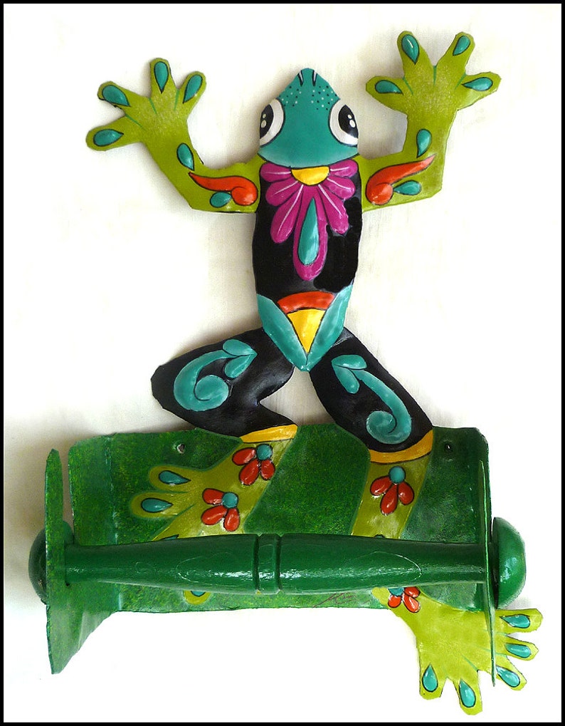 Painted Metal Metal Art Frog Bathroom Accessories Green Frog Etsy