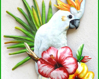 Cockatoo Parrot, Painted Metal Wall Hanging, Tropical Decor, Bird, Tropical Bird, Outdoor Metal Art, Tropical Decor, Metal Wall Art -  K7403