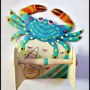 TOILET PAPER HOLDER, Aqua Crab, Nautical Decor, Painted Metal, Bathroom Decor, Toilet Tissue Holder, Coastal Decor, Beach Decor, 107-Aq-Tp