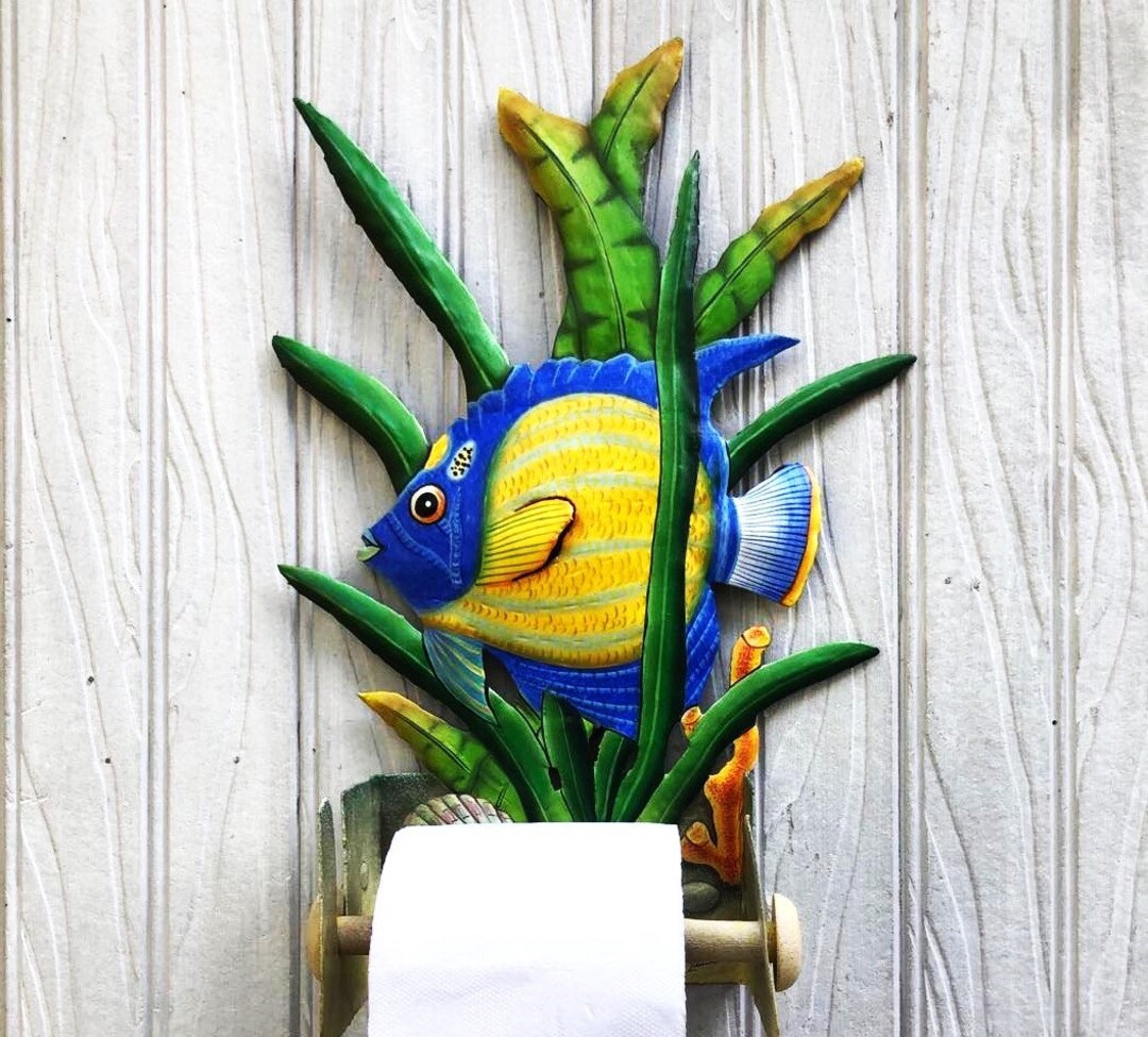 TROPICAL FISH Toilet Paper Holder, Hand Painted Metal Art, Bathroom