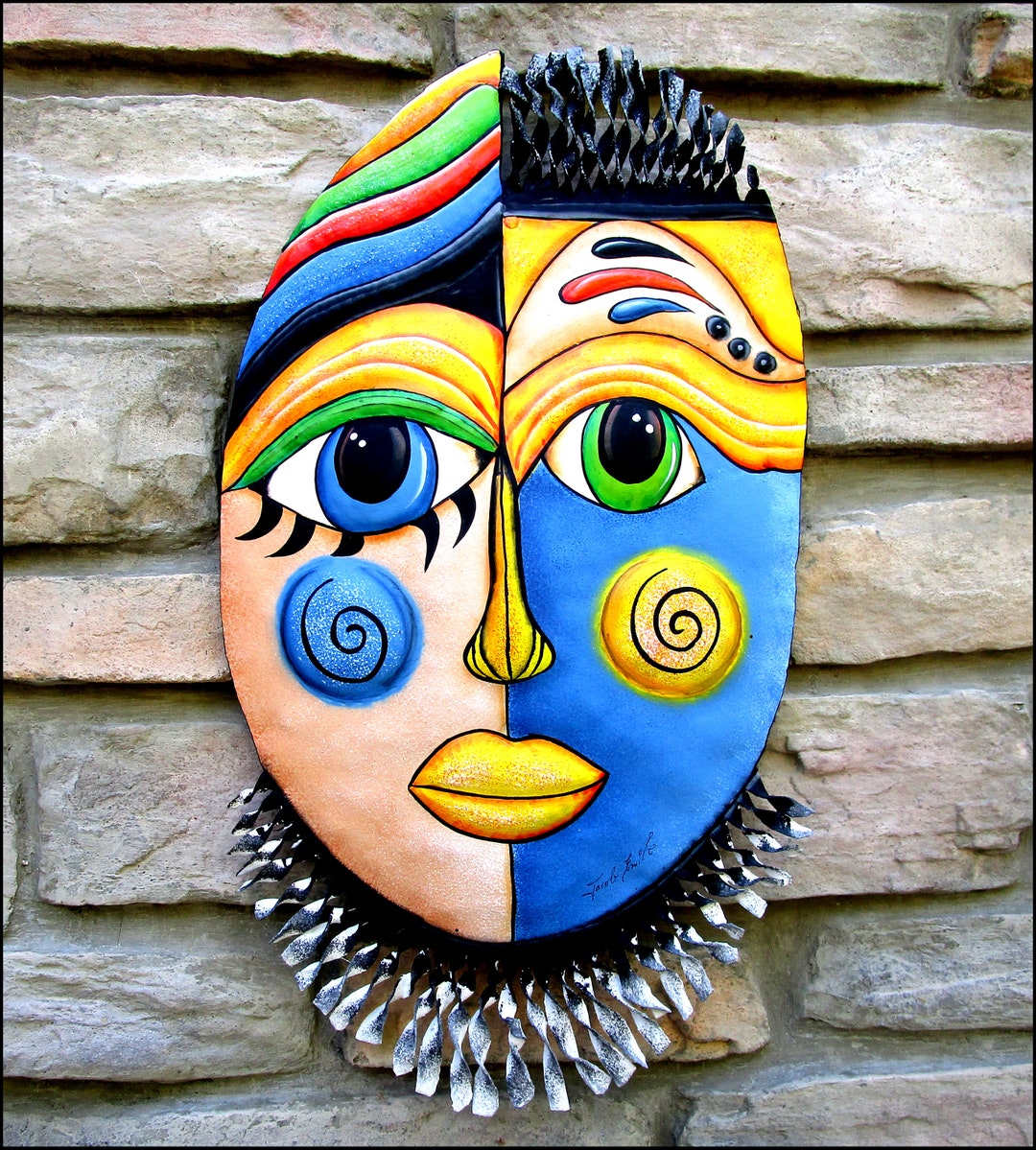 MASK WALL ART, Painted Metal Mask Design, Metal Wall Decor, Garden