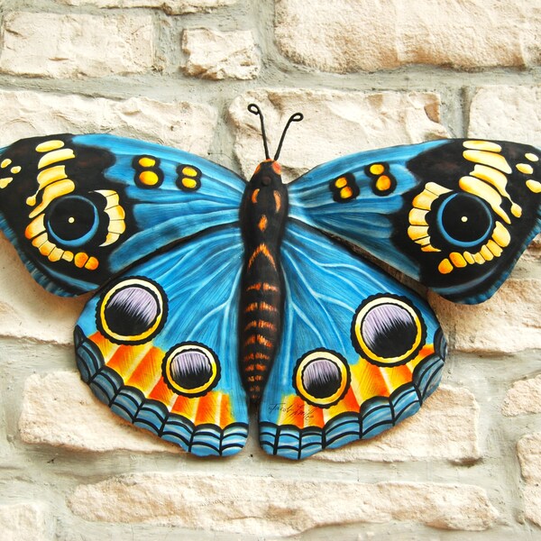 BUTTERFLY, Painted Metal Butterfly Art, Outdoor Metal Art, Painted Butterfly Wall Hanging, Garden Art, Garden Decor,  BU-520-BL