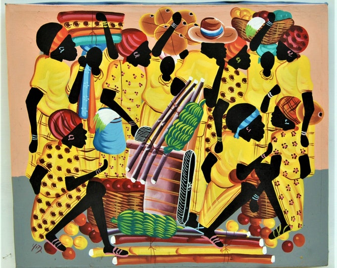 Haitian Art, Market Scene, Canvas Painting, Caribbean Art, Original