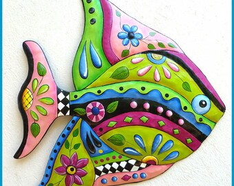 TROPICAL FISH Wall Hanging, Choice of 4 Colors, Hand Painted Metal Art, Fish Design, Outdoor Wall Art, Tropical Art, Patio Decor - J-452