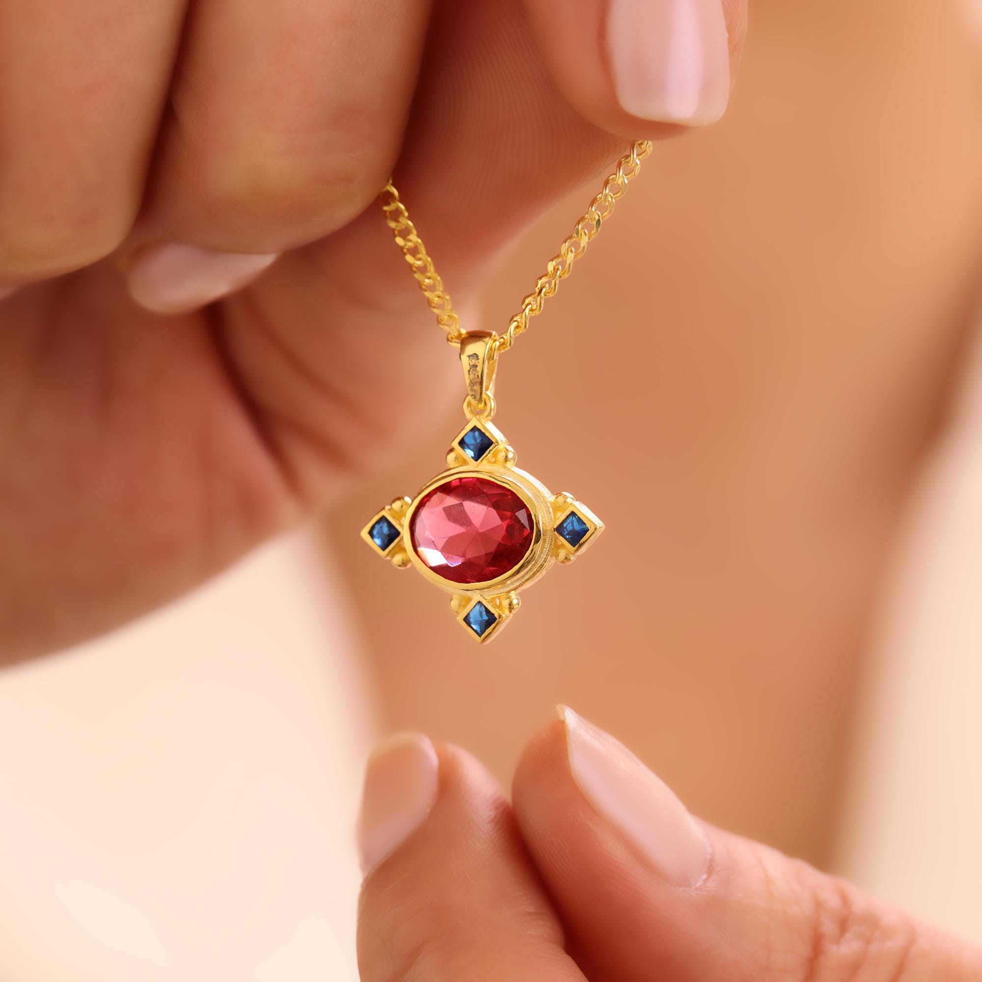 Ruby Gemstone Necklace, Gold Drop Ruby Chooker, Minimalist Ruby Pendant, Handmade Pendant, Dainty Silver Necklace