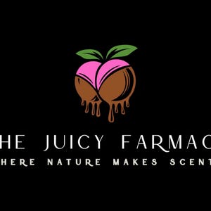 May include: A logo for a company called "The Juicy Farmacy" with the tagline "Where Nature Makes Scents". The logo features two peach halves with pink flesh and brown skin, dripping with chocolate.