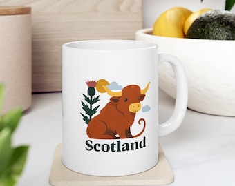 Cute Highland Cow Scotland Mug | Scottish Souvenir Ceramic Coffee Cup | Thistle Cow Mug | Scotland Travel Gift
