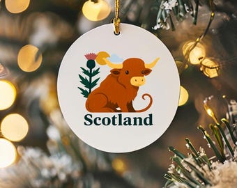 Highland Cow Scotland Christmas Ornament | Scottish Ceramic Holiday Décor | Cute Thistle Cow Tree Decoration | Celtic Keepsake