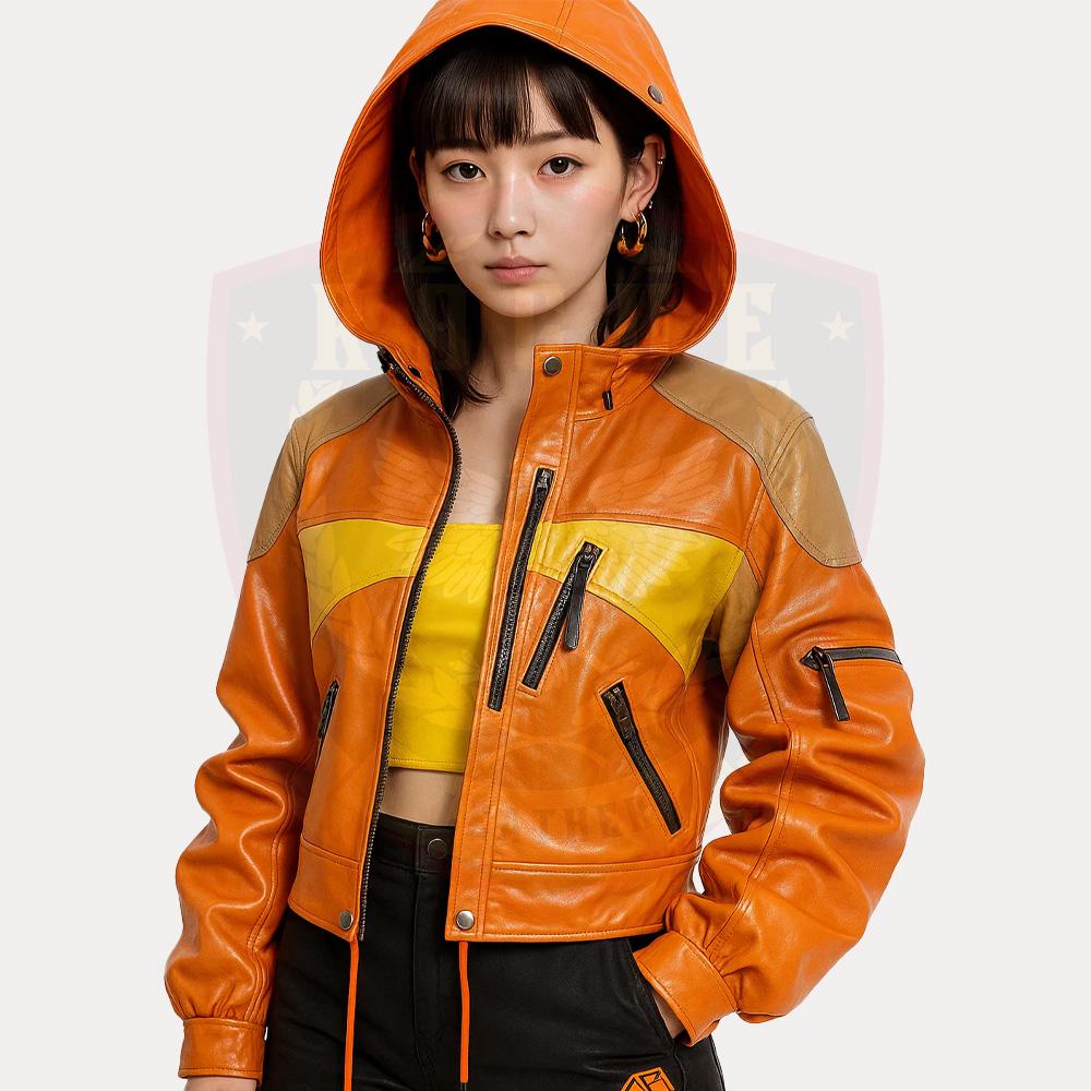 Orange Hooded Leather Jacket, Comfortable Fashion Jacket for Daily