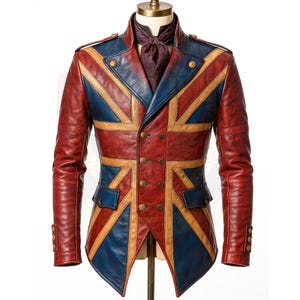May include: A leather jacket with a Union Jack design in red, blue, and tan. The jacket has a double-breasted front with gold buttons, shoulder epaulets, and a mandarin collar. A burgundy scarf is worn underneath the jacket.