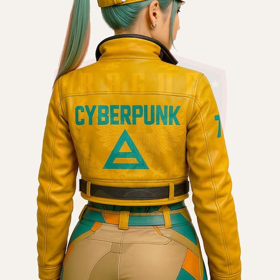 Yellow Crop Leather Jacket, Sci-fi Techwear Design for Yellow Crop Leather Jacket, Sci-fi Techwear Design for