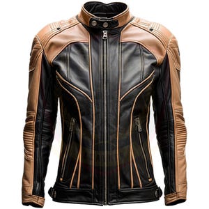 Puede incluir: Chaqueta de moto de cuero negro y marrón claro con cuello alto y cremallera. La chaqueta presenta paneles marrones claros en los hombros y la parte superior de los brazos, con paneles negros en el pecho y los antebrazos. Tiene dos bolsillos con cremallera y costuras decorativas.